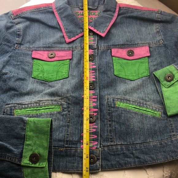 NWOT Jean Jacket Coat Hand Designed, Size Small, pink, chartreuse washable - Picture 5 of 8